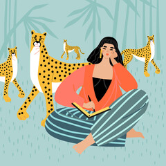The girl draws in a sketchbook against the background of the forest and leopards. Wildlife and creativity © naidzionysheva
