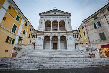 Fototapeta na wymiar Cityscape. View of facade exterior of Saint Peter and Francis cathedral (Duomo) in Massa-Carrara, Tuscany, Italy