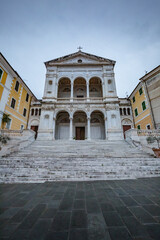 Cityscape. View of facade exterior of Saint Peter and Francis cathedral (Duomo) in Massa-Carrara, Tuscany, Italy