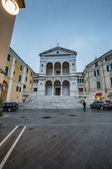 Fototapeta premium Cityscape. View of facade exterior of Saint Peter and Francis cathedral (Duomo) in Massa-Carrara, Tuscany, Italy