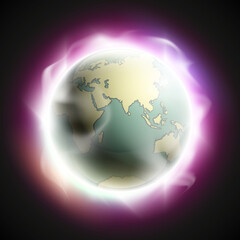 World map rising sun. Solar eclipse globe icon, space sunlight. Planet Earth sunny glow background view from space. Continents world Sunshine picture. Colorful solar eclipse astro poster presentation