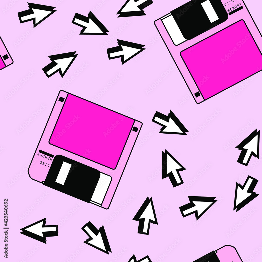 Poster Seamless pattern with colorful floppy disk  in vaporwave 90's retro style. Vector illustration for textile fabric print.