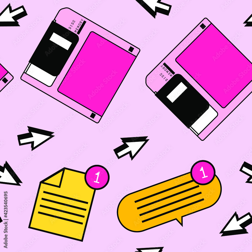 Poster Seamless pattern with colorful floppy disk  in vaporwave 90's retro style. Vector illustration for textile fabric print.