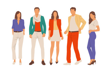 Obraz premium Set of young men and women, different colors, cartoon character, group of silhouettes of standing business people, students, the design concept of flat icon, isolated on white background