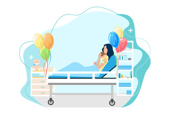 Vector illustration of a happy woman in labor with a newborn baby lies in a hospital room decorated with balloons. Childbirth and the joy of motherhood vector illustration on an abstract modern backgr