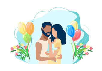 Vector illustration of a family couple gently and caringly hugs their newborn baby. Childbirth, Family day, loving parents, happy childhood.