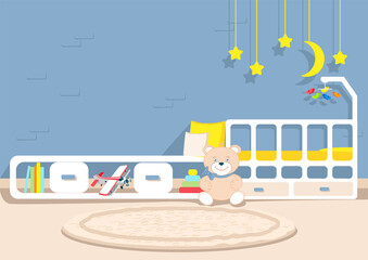 Obraz premium Vector illustration of children's room interior with toys, modern furniture, yellow stars and soft carpet for poster or card background