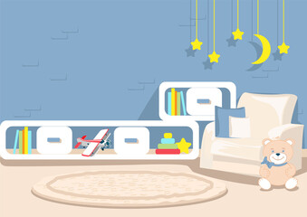 Obraz premium Vector illustration of children's room interior with toys, modern furniture, yellow stars and soft carpet for poster or card background