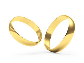 Gold wedding rings on white. 3d illustration 