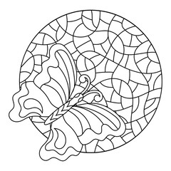 Coloring book for children and adults. Butterfly on the background of a round stained glass window. Vector illustration