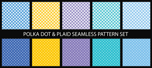 Polka dots and plaid seamless pattern set. Textile colorful backgrounds. For print and web. Vector