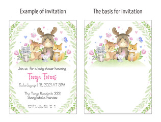 Fototapeta na wymiar Watercolor forest animal invitation card, layout. Birthday party, baby shower. Woodland baby animals illustrations, cute cartoon. Forest Friends Invitation, funny character, wildlife, flower. 