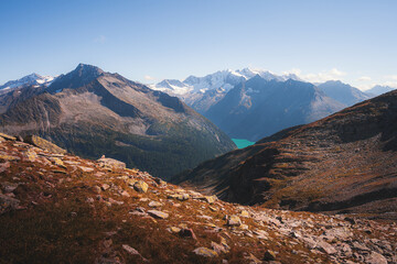 Obraz premium Zillertal, Austrian Alps. Summer mountain scenery, Olpererhütte refugee, Schlegeisspeicher reservoir view.