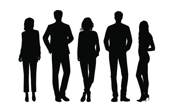 Vector silhouettes of  men and a women, a group of standing  business people, black  color isolated on white background