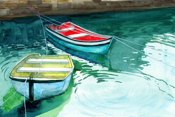 Watercolor illustration of two colorful fishing boats at the pier with their reflections in the emerald sea water
