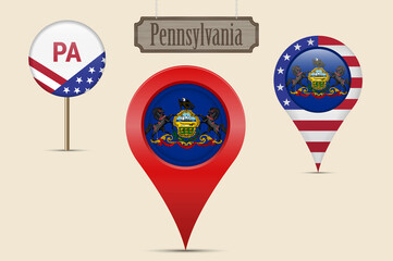 Pennsylvania US state round flag. Map pin, red map marker, location pointer. Hanging wood sign. Vector illustration