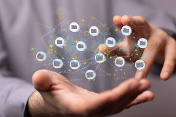 Augmented Analytics Data cloud storage network from lines, triangles and particle style design. Illustration