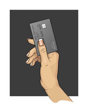Woman painted Hand & Credit card. Carrying out payment. Hand holding a bank card. Banking icon. Arm & Plastic card. Wrist keeps Debit card chip. Electronic funds transfer. Electronic money investments