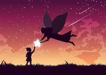 Silhouette design of angel gives star to the girl