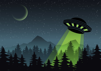 Cartoon version design of UFO fly over the forest © Terd486
