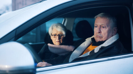 Retired couple testing new car. Winter vacation at old age. High quality photo