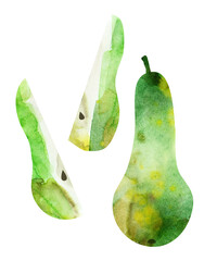 Abstract watercolor fruit illustration, green pears and slices