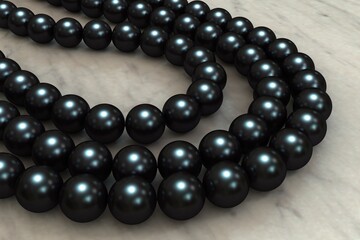 Black cultured tahitian pearl three-strand necklace on a marble table top, close-up, 3D illustration.