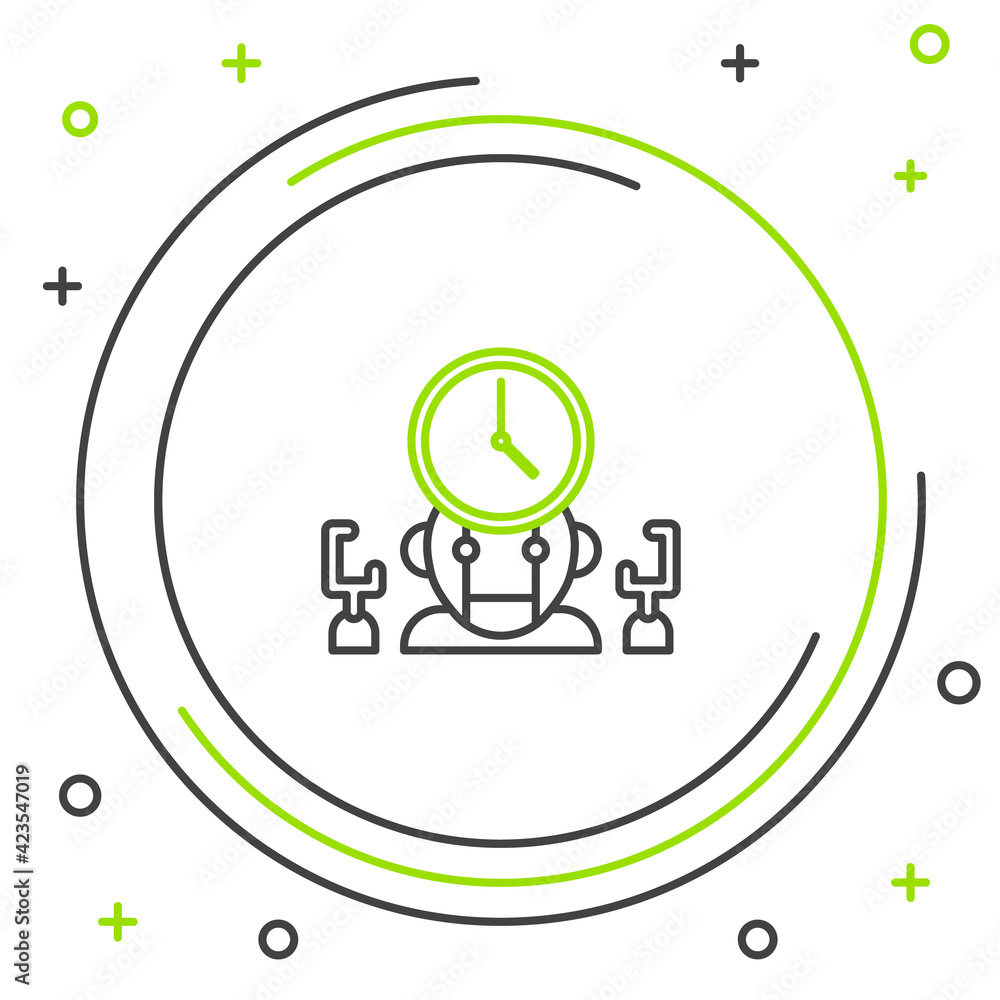 Poster line robot and digital time manager icon isolated on white background. time management assistance, w
