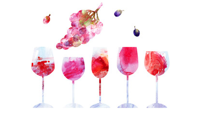 Watercolor abstract wineglasses, grapes bunches and berries