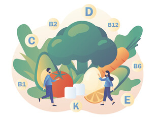 Healthy food concept. Vitamins in products, organic greenery and vegetables. Tiny people consume healthy organic nutrition. Nutritionist online. Modern flat cartoon style. Vector illustration 