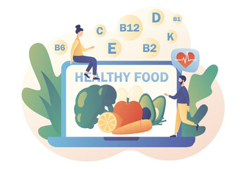 Healthy food - text on laptop screen. Nutritionist online. Tiny people consume healthy organic nutrition with vitamins. Modern flat cartoon style. Vector illustration on white background