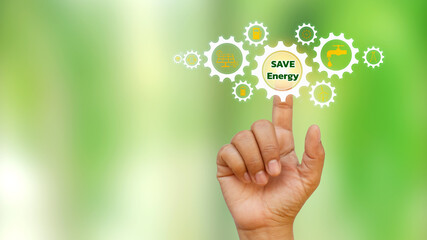 Businessmen click on the text save energy, including icons about energy, energy saving ideas and eco-friendly energy usage.