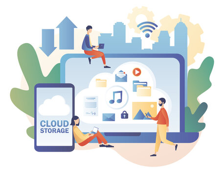 Cloud storage online. Tiny people place data, music, photo, video in big cloud server. Cloud computing services. Data processing. Modern flat cartoon style. Vector illustration on white background