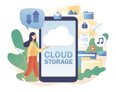 Cloud computing services in smartphone app. Cloud storage. Data processing. Tiny woman place data, music, photo, video in big cloud server. Modern flat cartoon style. Vector illustration