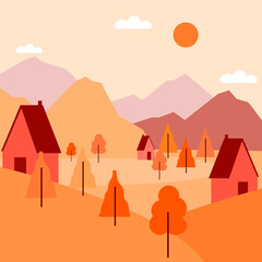 Abstract nature with trees, mountains and a house.