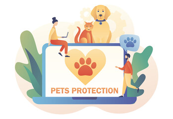 Animal rescue and pet protection. Animal shelter. Heart and paw on laptop screen as symbol support and love pets. Wildlife protection and rescue. Modern flat cartoon style. Vector illustration