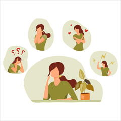 Vector illustration of a set of a girl with emotions of anger, love, crying, meditation