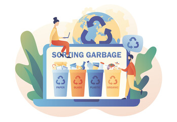 Recycling garbage online service. Tiny people sorting garbage waste in containers for recycling and reuse. Paper, glass, plastic, organic. Zero waste concept. Modern flat cartoon style. Vector
