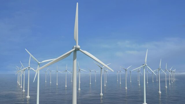 Windmill Farm in The Ocean -Loop - With Alpha channel and Zdepth. You can change the background using Alpha Channel and create any bokeh or atmospheric effect using the Z-depth channel.