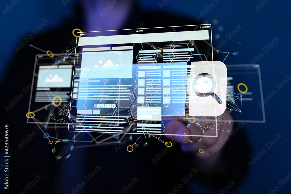 Wall mural interface web application in hand 3d