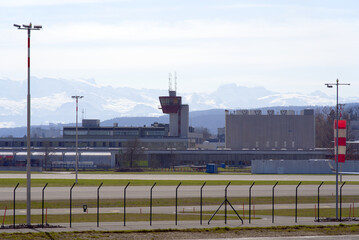 Fototapeta na wymiar Control Tower at Zurich airport. Photo taken March 28th, 2021, Kloten, Switzerland.