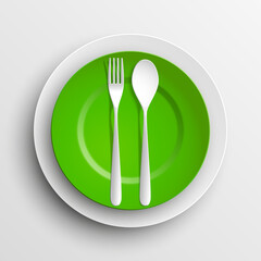 Plate, spoon and fork isolated on napkin background. Canteen icon. dining room badge. buffet icon. Here you can eat picture. Fast food restaurant badge. illustration