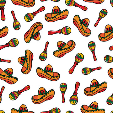 seamless pattern with mexican sombrero and maracas for national prints, backgrounds, wrapping paper, textile and fabric, wallpaper, scrapbooking, etc. Cinco de mayo theme. 