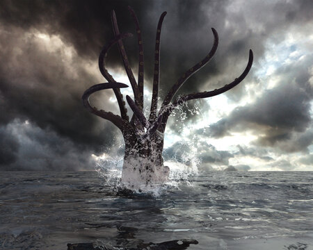 3d Illustration Of A Giant Squid Kraken Monster Rising Out Of The Sea