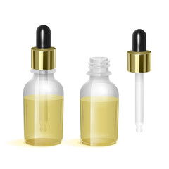 Realistic glass bottle with dropper. Cosmetic vial for oil, collagen serum. Mock up vector illustration