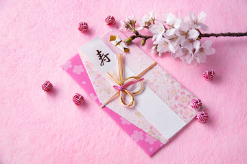 桜の花と結婚祝い（和紙背景）（ソメイヨシノ）