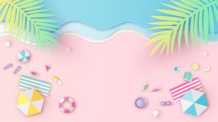 Aerial view of sea beach with beach equipment on sand beach. Aerial view of summer beach. paper cut and craft style. vector, illustration.