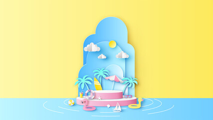 Circle stage podium for Summer decorated with beach equipment and blank space. Summer sea mockup template. paper cut and craft style. vector, illustration.