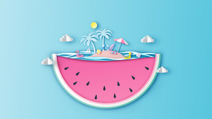 Abstract of summer sea design in the shape of watermelon slice. Sea island design in watermelon. Graphic design for Summer. paper cut and craft style. vector, illustration.