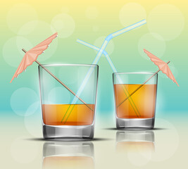 Glass cold drink alcohol & straw banner. Summer Bright soda cocktail & umbrella. Glass lemonade fruit juice umbrella summer banner. Cold iced tea Bar with glass cocktail fizzy water drink straw banner